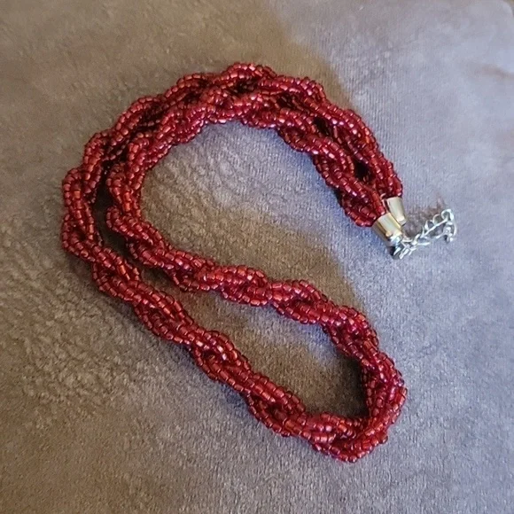 VTG Red Glass Beaded Twisted Braided Bayadere Necklace - Picture 5 of 5